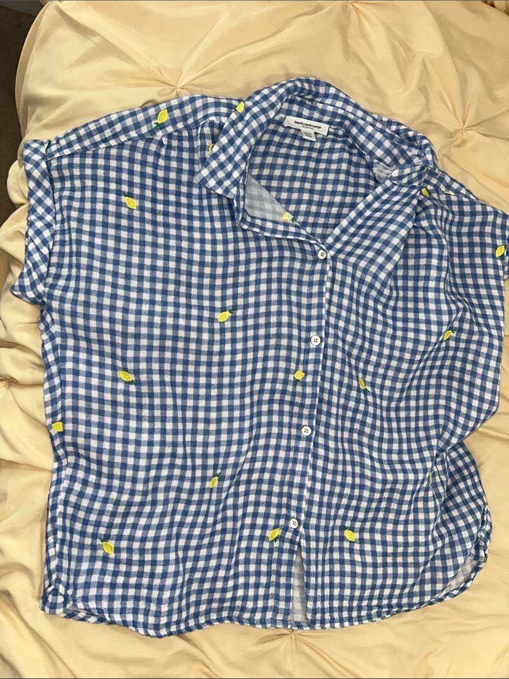 beachlunchlounge Blue Gingham Button-Down Top with Yellow Accents